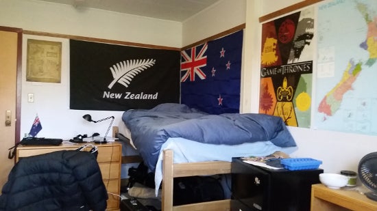 New Zealand flags and a Game of Thrones poster by Teague's bed.