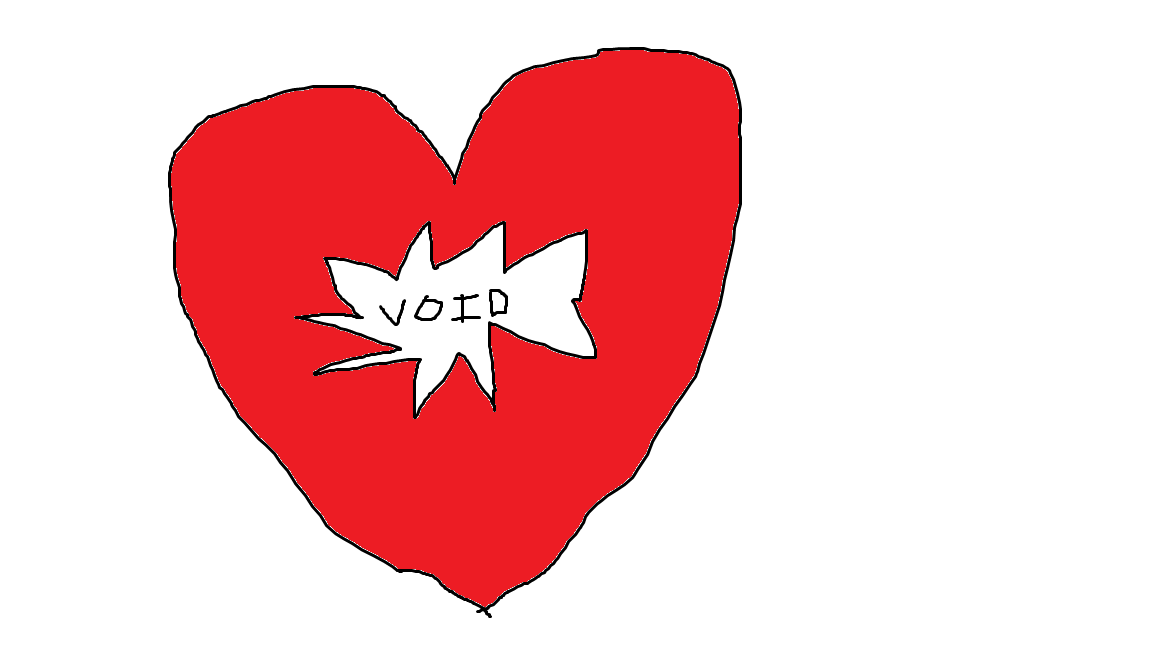 Sketch of a red heart with a tear in the middle, which contains the word 'void'.