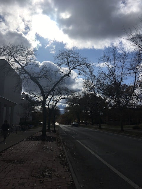 A look down South Professor Street: blue sky, clouds, and trees