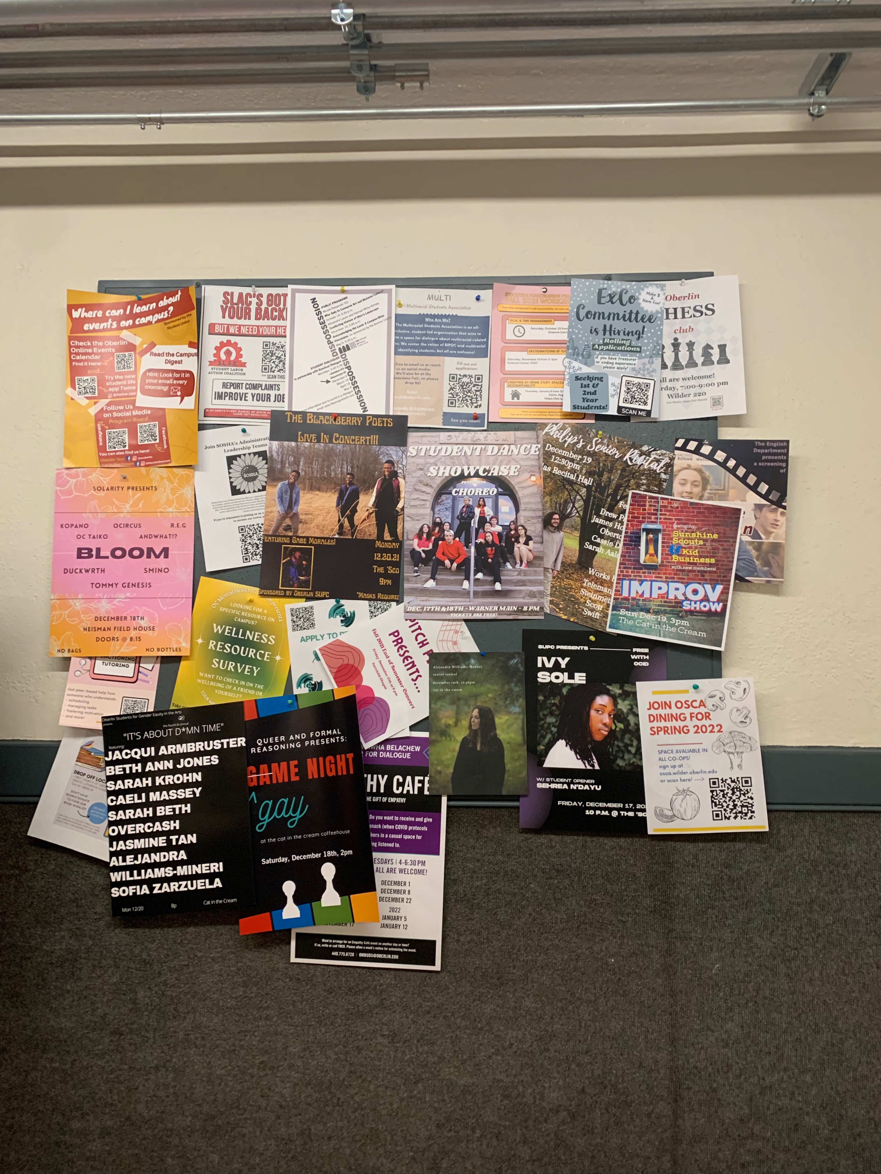 posters in Wilder, the student union, advertise all the events happening that weekend