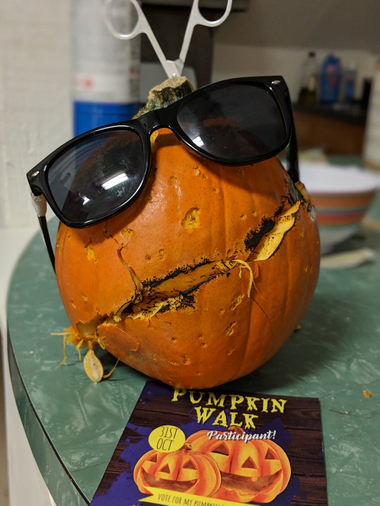 A really, really bad pumpkin carving. Like, we didn't even try