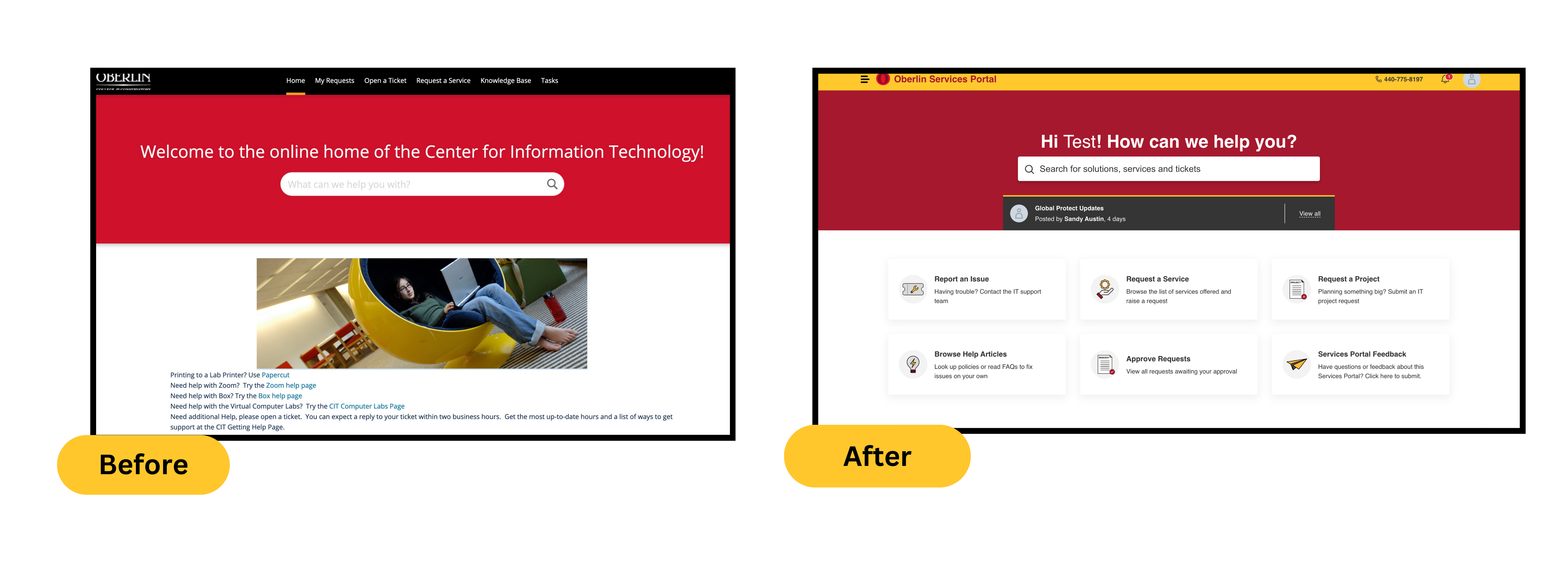 Service's Portal website before and after