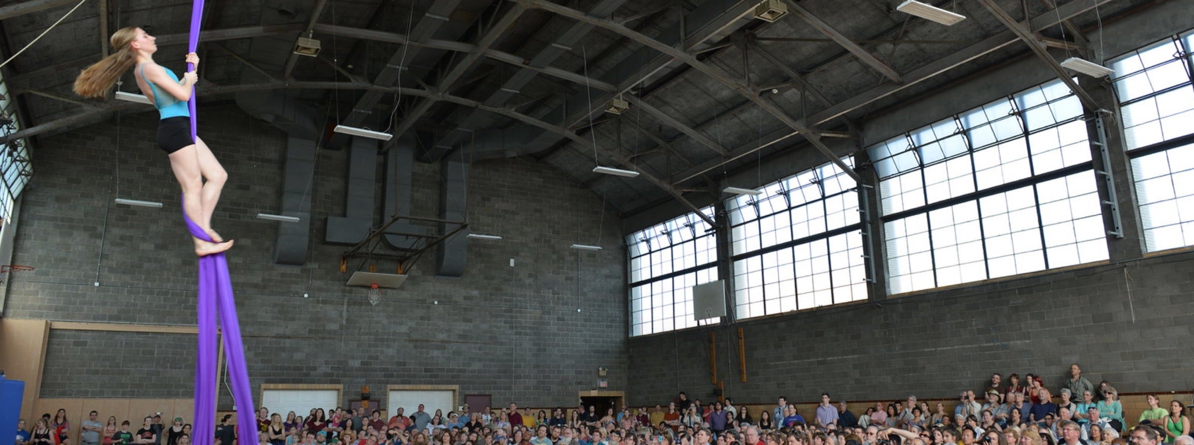 With an audience looking on, an acrobat climbs an aerial silk suspended from the rafters of a gymnasium.