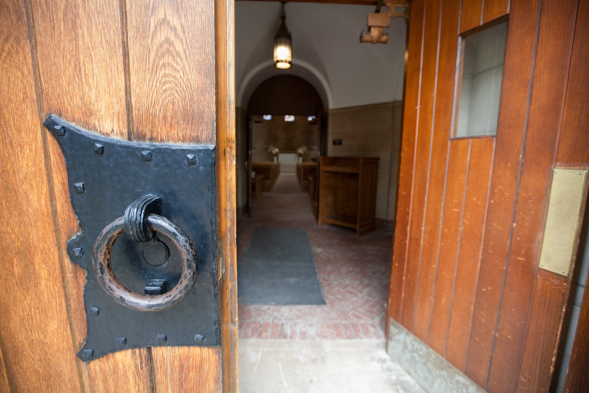 Peeking in the front doors of the Chapel