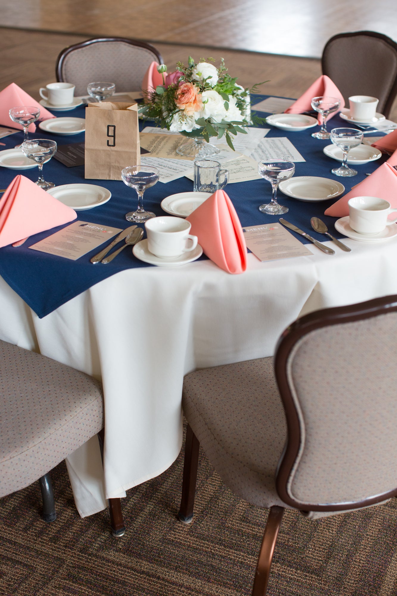 Blue and white table decor close up