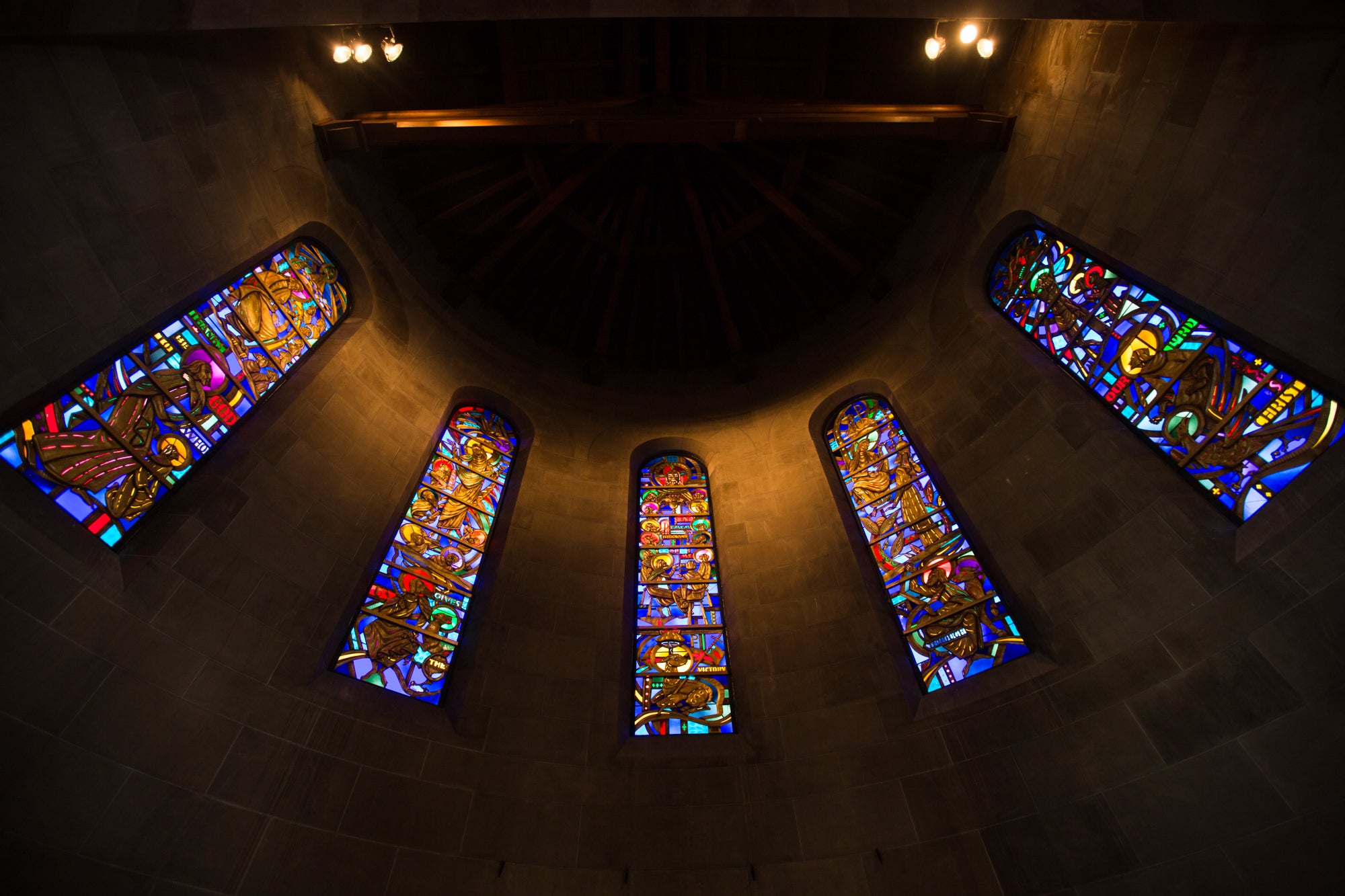 The stain glass windows inside the Chapel