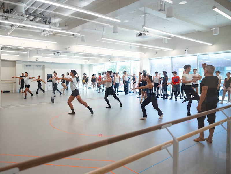 students practing together in a dance class.