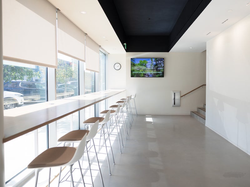 bank of seats by a window.