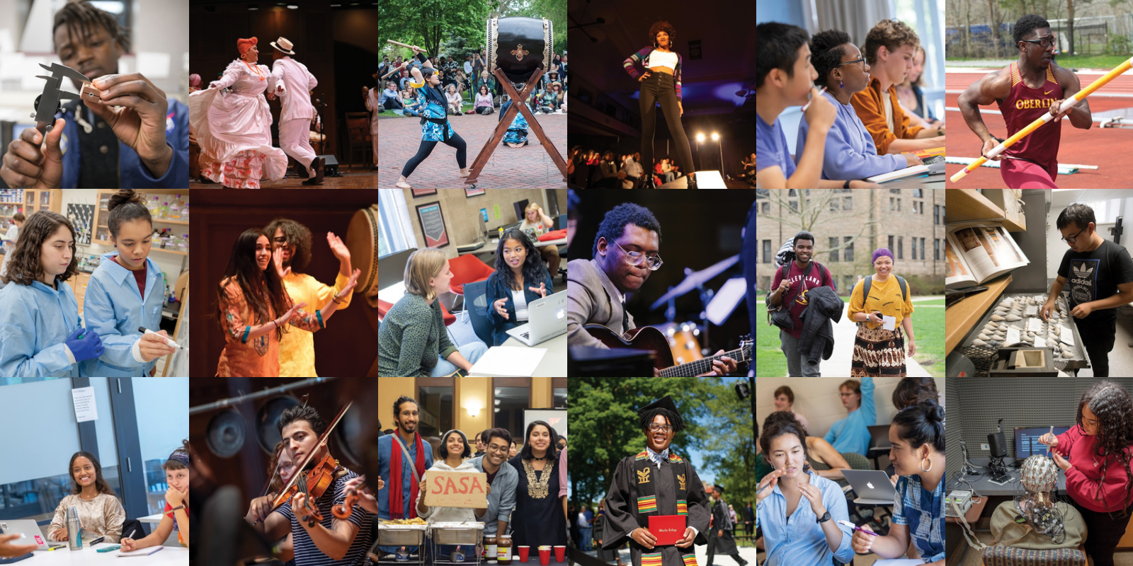 A collage of Oberlin students engaged in diverse academic, artistic, and cultural activities on campus.