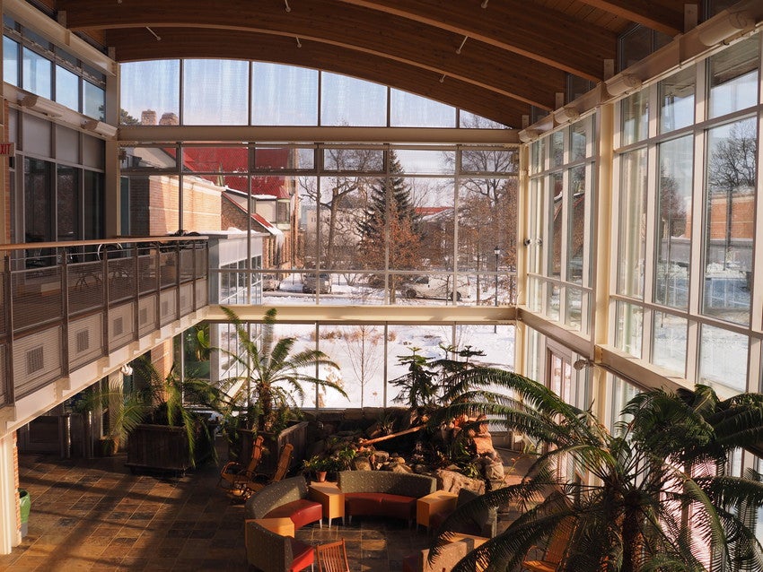 Snowy view of the lobby
