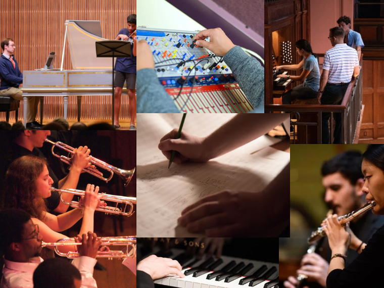 Collage of musicians and composers, including people playing trumpet, flute, piano, harpsichord, and organ, adjusting electronic equipment, and writing sheet music.