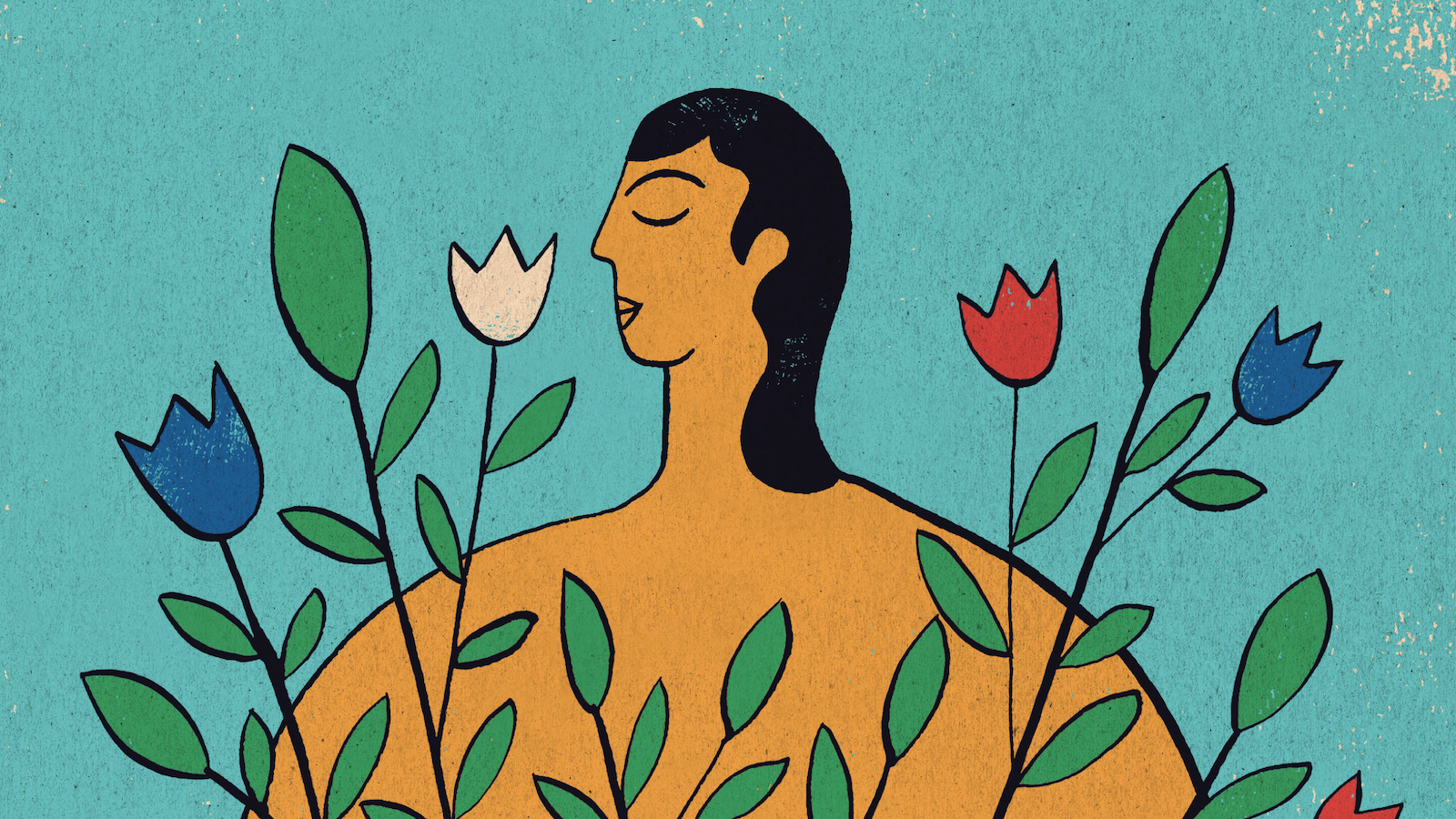 Illustration of a person surrounded by flowering plants.