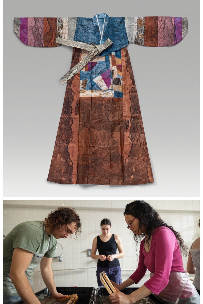 the Aimee lee piece Multi, above; three people make paper very intently