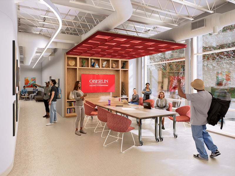 rendering of students greeting each other near a table.