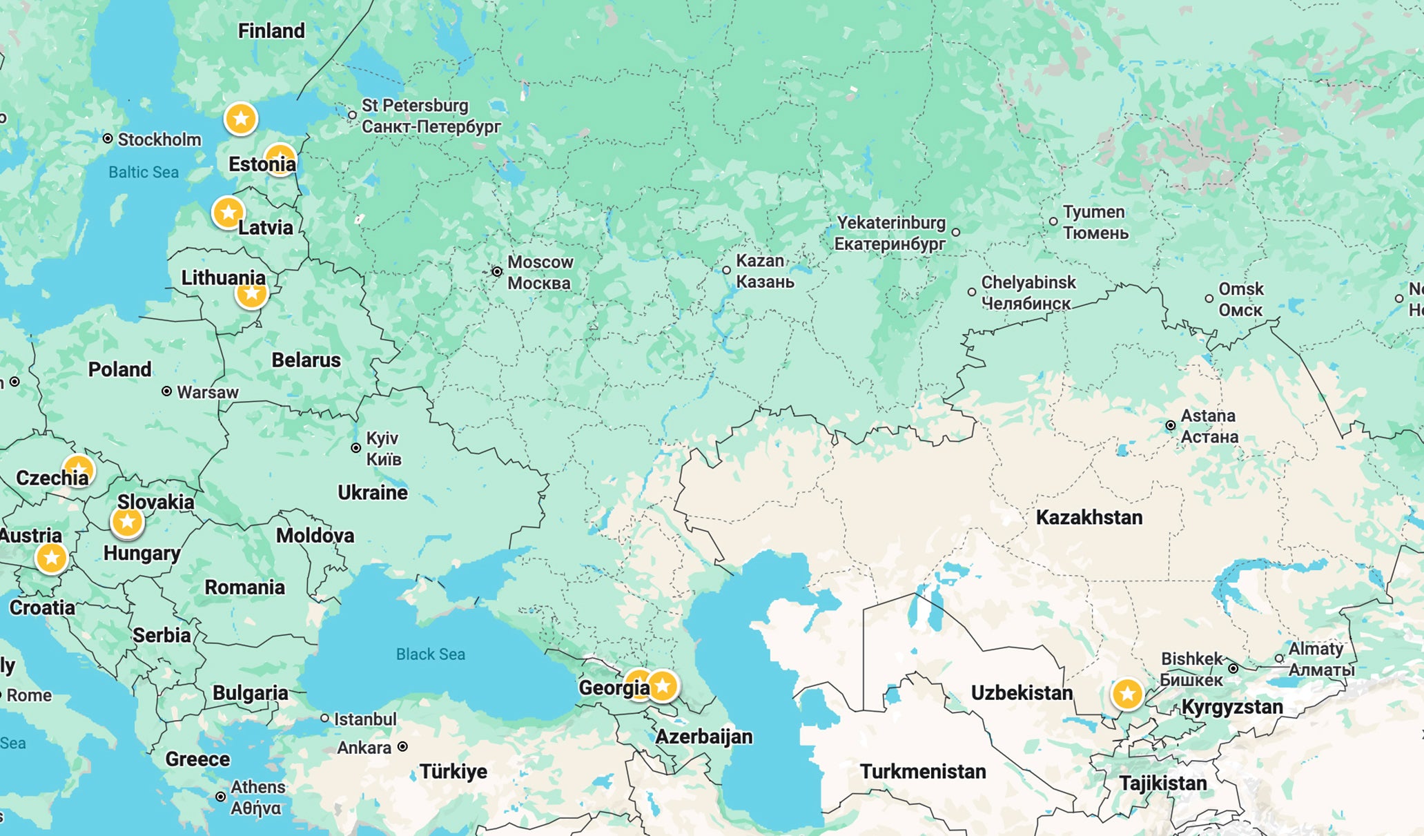 A map of Russia and surrounding countries.