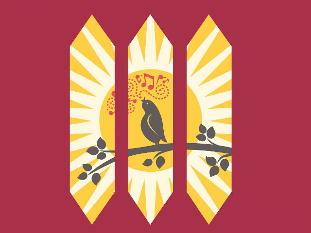 Three vertical maroon panels with a yellow-and-gold decorative motif and a central black bird-like figure, arranged side by side on a dark red background.