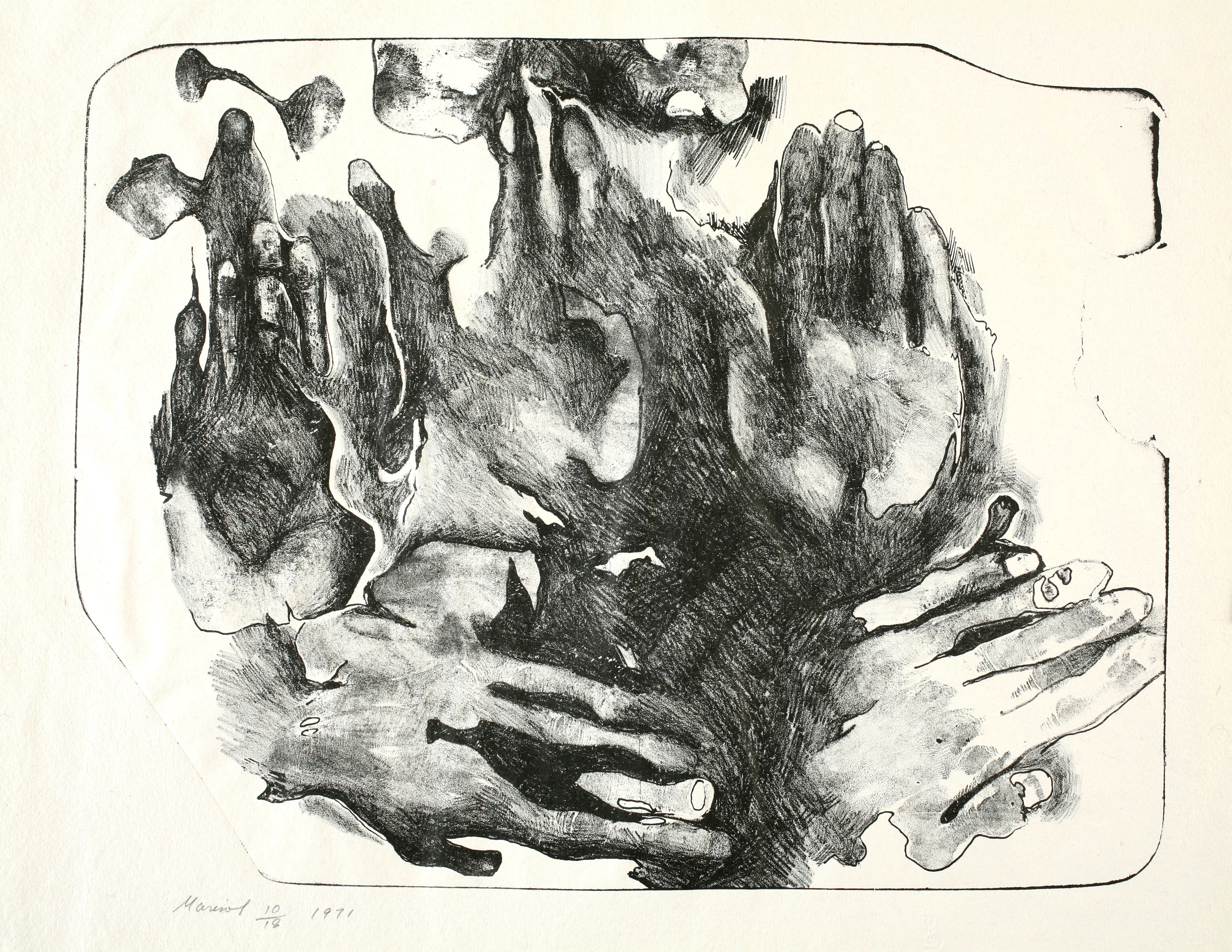 Marisol Escobar's Five Hands and One Finger. Executed entirely in monochrome, this print portrays five hands that emerge from an amorphous patch of black ink in the center of the composition.
