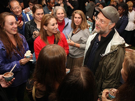 Jerry Greenfield greets a crowd of students.