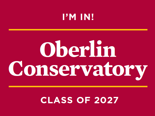 I'm in! Oberlin Conservatory Class of 2026 on dark red background.