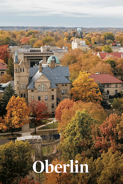 Aerial view of Oberlin campus in fall with white Oberlin logo.