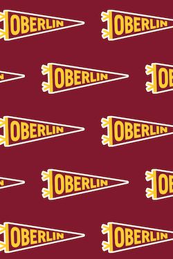 Dark red background with Oberlin pennant pattern.