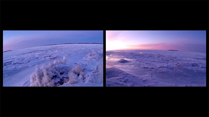 In 2 side-by-side photos, ice, snow and water  extend to the horizon, where there is land visible. In the photo on the right, sunlight is coming from near the horizon.
