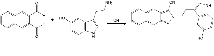 A chemical reaction demonstrating the reaction between napthalene-2,3-dicarboxyaldehyde (NDA) and the primary amine serotonin in the presence of a cyanide ion to form a fluorescent product.