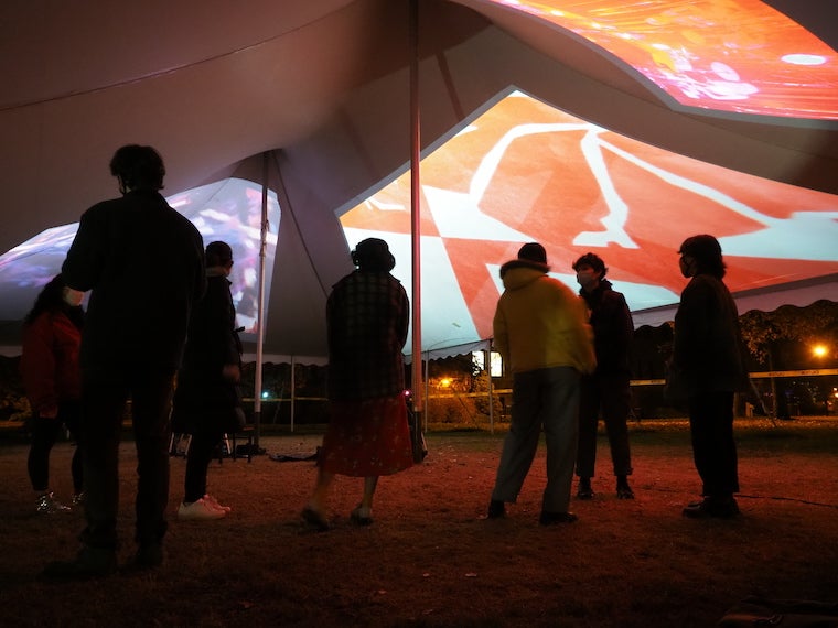 Students gather at an outdoor screening.