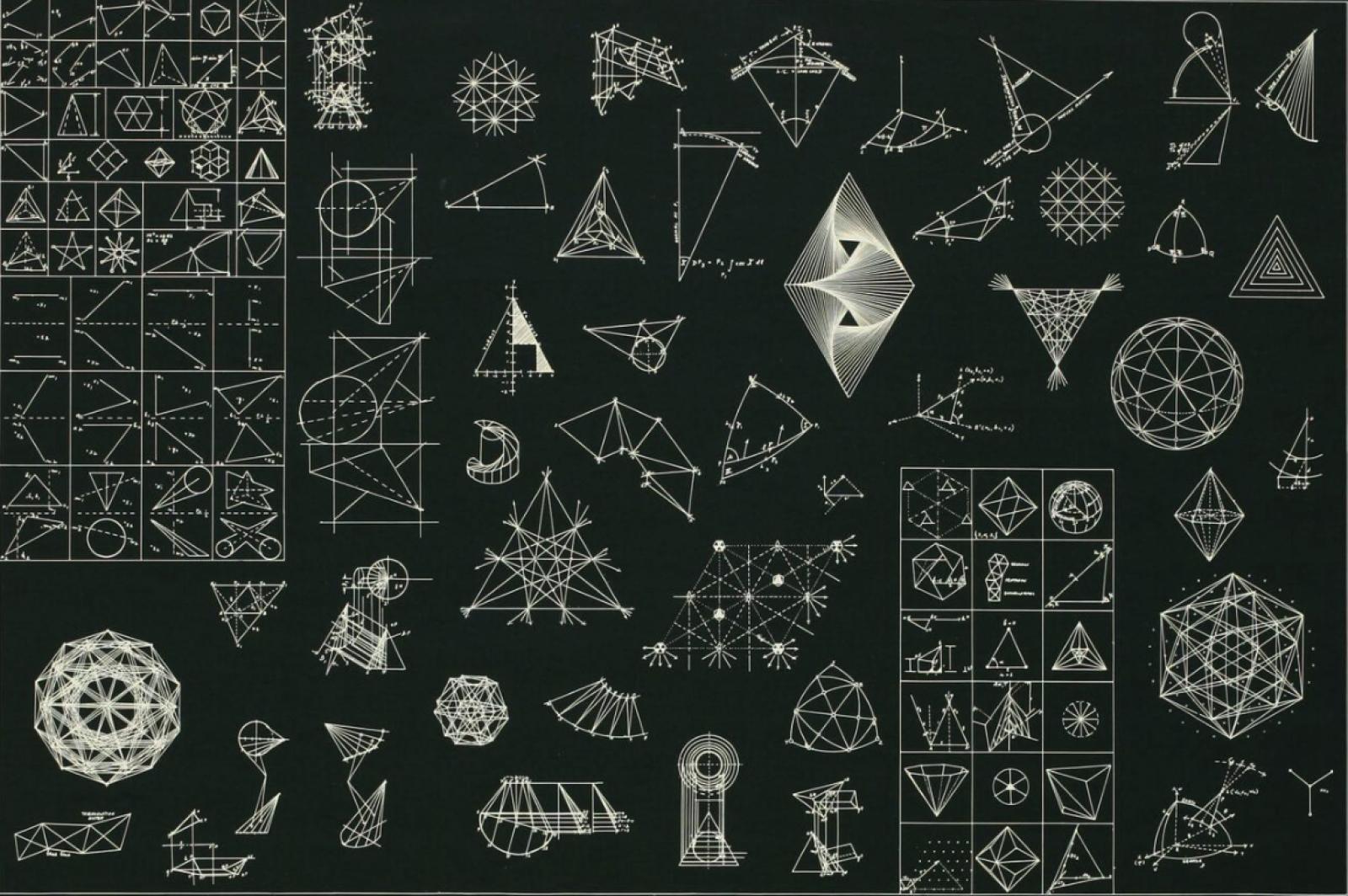 White geometric designs against black background