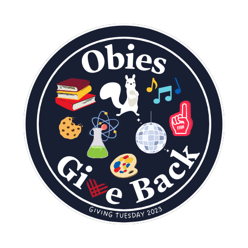 Oberlin Giving Tuesday logo: white squirrel surrounded by books, music notes and other icons