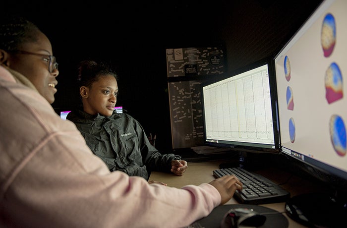 2 students examine data and images of the brain on a computer screen.