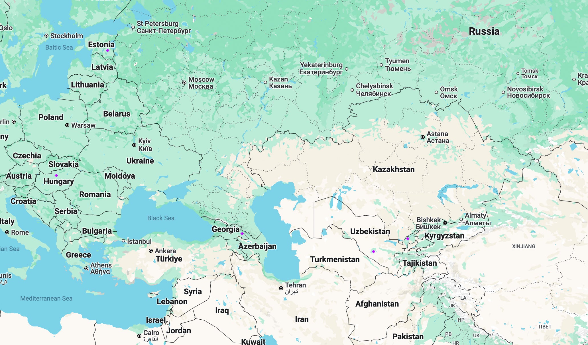 A map of Russia and surrounding countries
