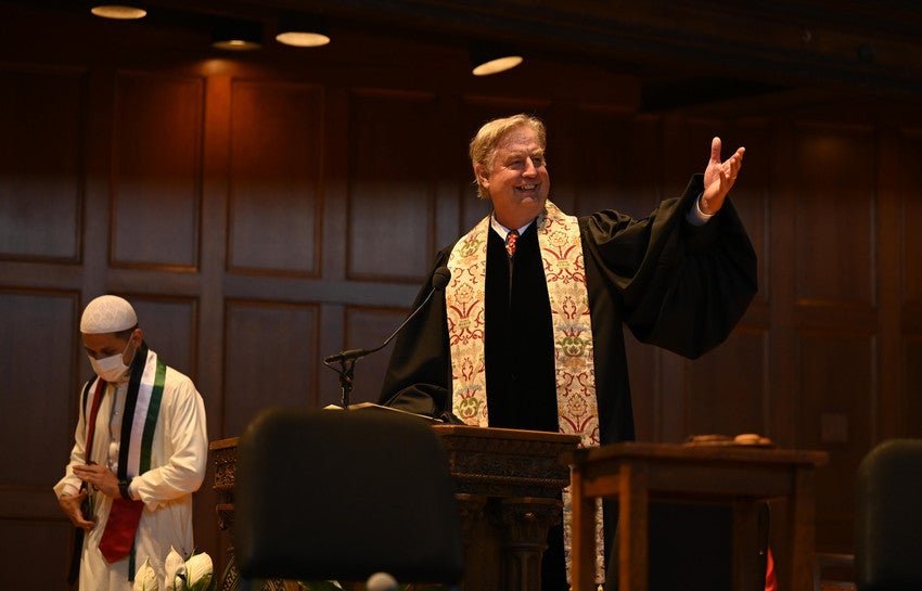 Multifaith Chaplain David Dorsey in Finney Chapel at Baccalaureate