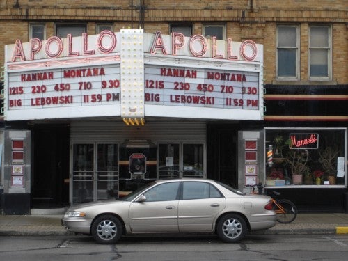 Apollo Theater marque listing Hannah Montana and Big Lebowski