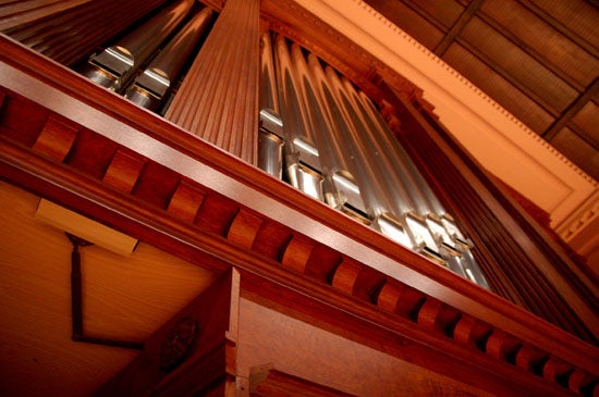 A view of organ pipes from below