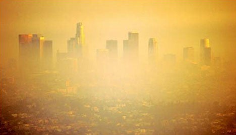 The LA skyline barely visible through smog