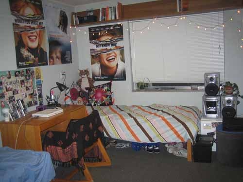 Dorm room with bed, desk, and posters on the walls.