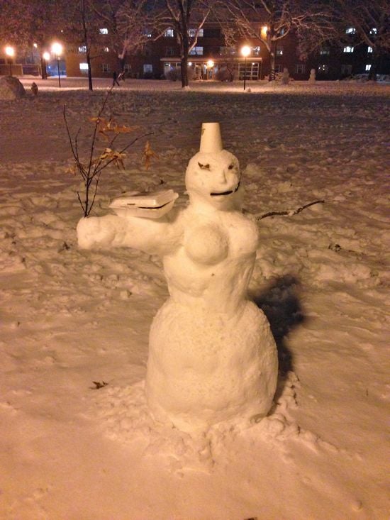 Snow woman with a take out box on her arm 