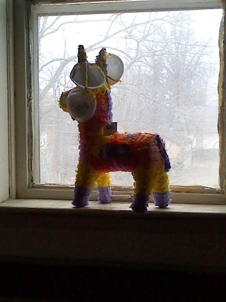 A piñata in a window