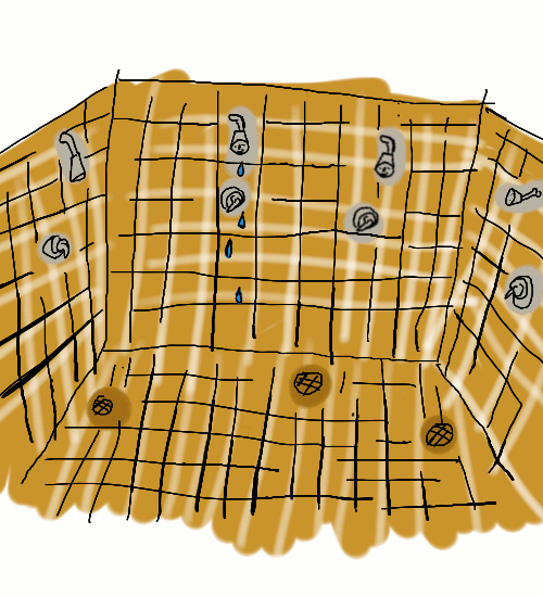 illustration of a communal shower fading into a single shower