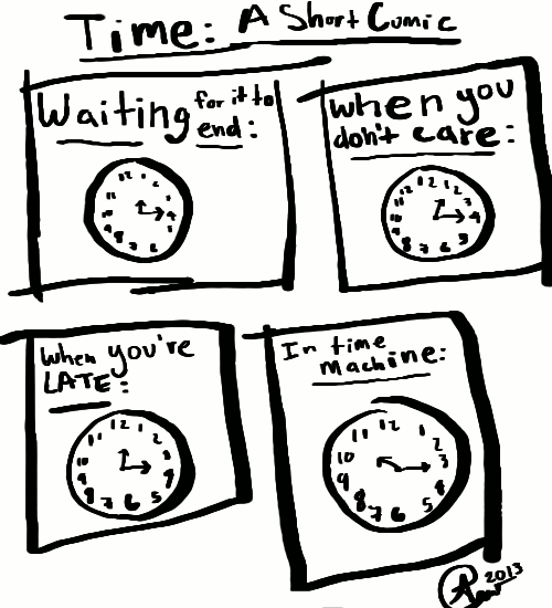 Time: A Short Comic (4 panels). 1, Waiting for it to end (a clock with hands that are trying to move but seem stuck in place). 2, When you don't care (a clock with hands moving somewhat). 3, When you're late (a clock with hands moving fast). 4, In a time machine (the clock hands are squiggly and move all over the place).