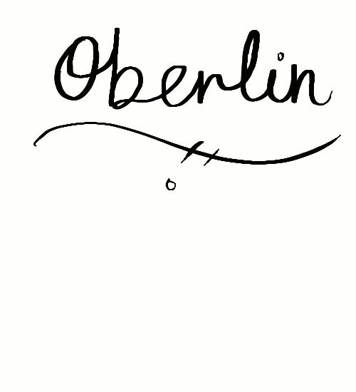 "oberlin" word with snow coming from it fading into "home" word with a sun 
