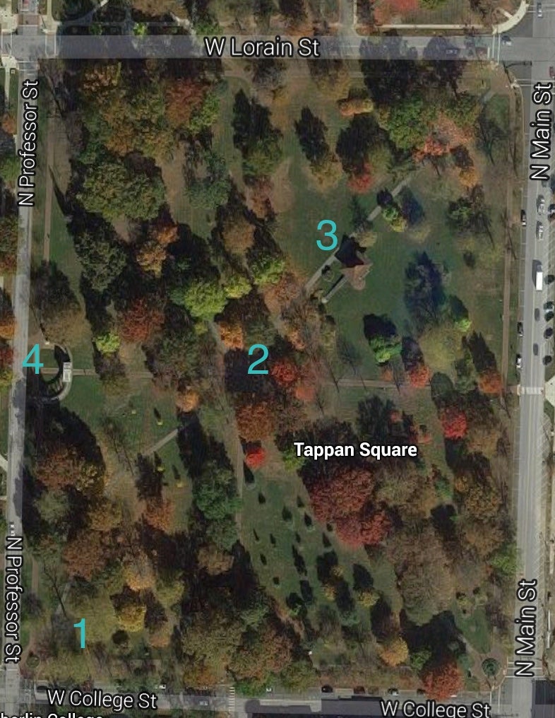 A screenshot of Google Maps view of Tappan Square, Oberlin, OH with markers numbered 1 through 4.