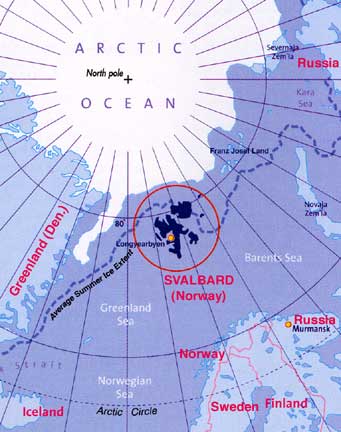 A map of the northern tip of the globe. A circle is around Svalbard which sits North of Norway and South of the North Pole