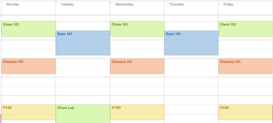 Class schedule calendar: Chem 101, Classics 101, FYSP, Econ 101