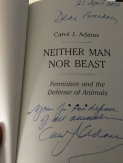 Title page of Neither Man nor Beast, signed by author Carol J. Adams.