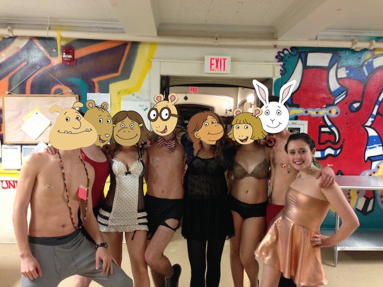 A group of friends in skimpy attire. Their faces have been photoshopped to be the characters from the PBS children's show Arthur.