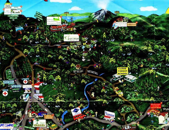 Simplistic map of Santa Elena featuring stores, hopsitals, and schools 