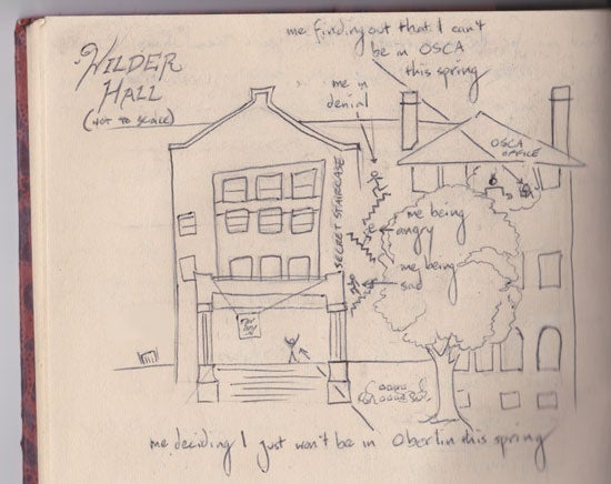 Sketch of Wilder Hall following a stick figure climb down the exterior 