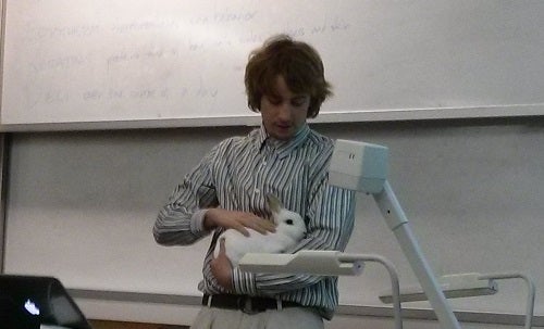 A professor pets a rabbit in front of a white board 